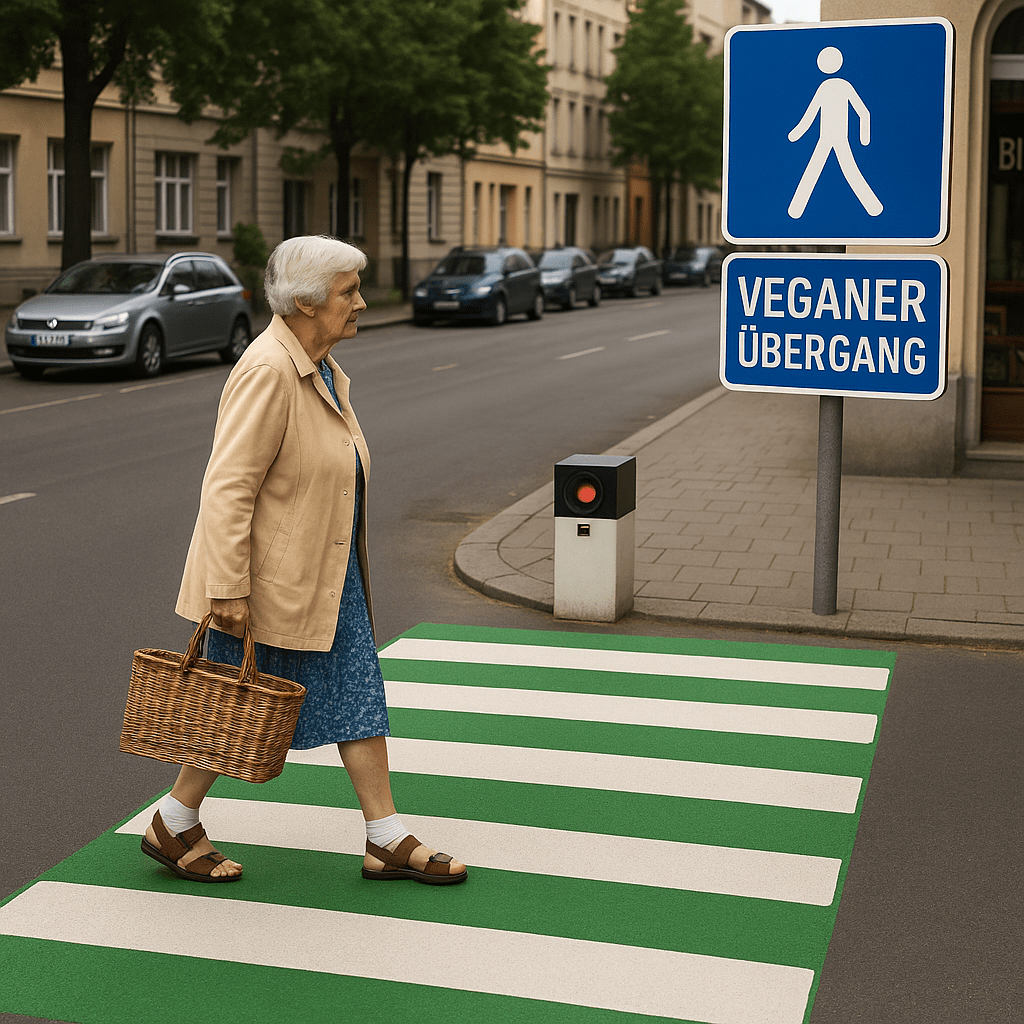 Německo testuje dopravní značku „Přechod pro vegany“. Policie řeší, zda se smí přejít v kožených&nbsp;botách