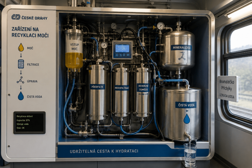 České dráhy vstupují do budoucnosti část druhá: České dráhy recyklují moč cestujících a vrací ji zdarma zpět do oběhu